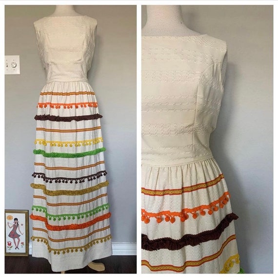 60s Handmade OAK Pom Pom and Fringe Maxi Dress, 6… - image 1