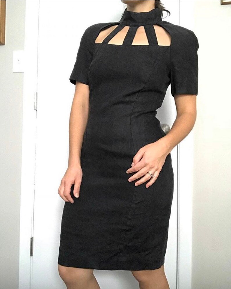 Vintage Black Linen Wiggle Dress with Neck Cutouts