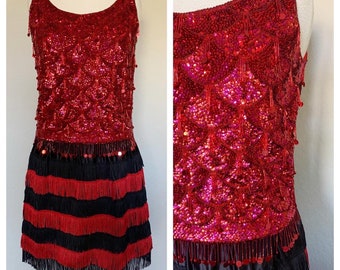 60s Sequined Red Top and Fringe Skirt Party Set