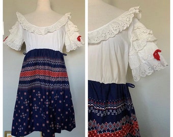 60s Frilly Eyelet Printed Mini Dress Encanto Luisa Cosplay Costume