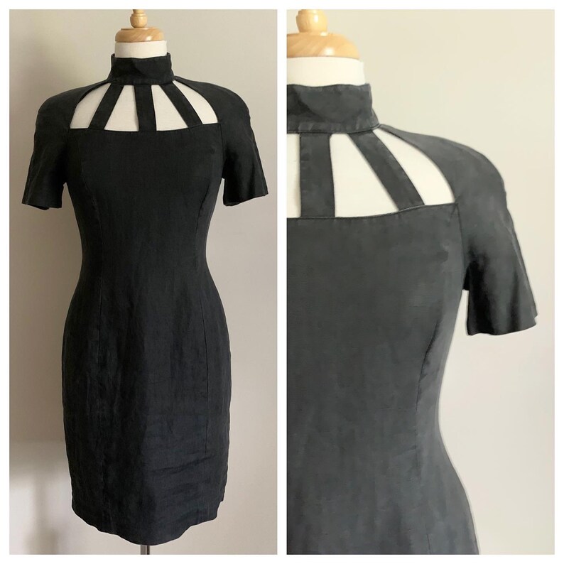 Vintage Black Linen Wiggle Dress with Neck Cutouts