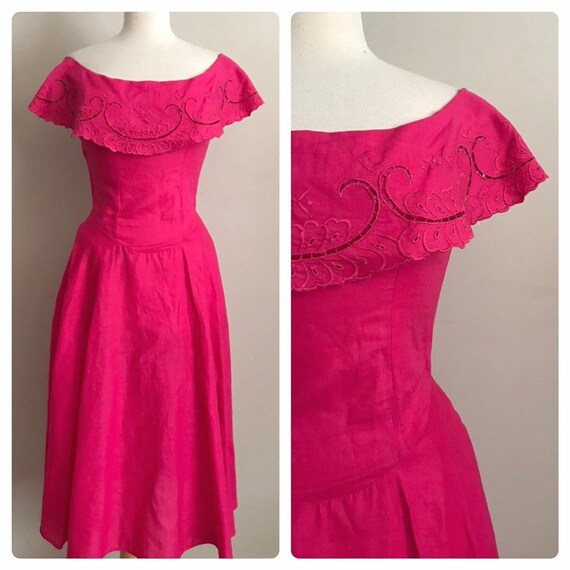 bright pink off the shoulder dress