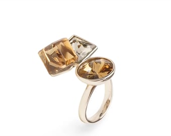 Toi et Moi Ring Dainty Crystal Smoky Quartz Stainless Steel Womens Jewelry Gift