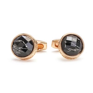 Round Black Gemstone Cufflinks | Vintage Men’s Initial Suit Shirt Cuff Links | Luxury Groom Wedding & Groomsmen Gift