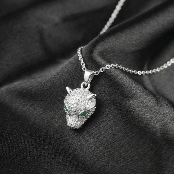 Kristall Panther Kopf Halskette Edelstahl Leopard Anhänger Grüne Augen Statement Schmuck Geschenk Frauen