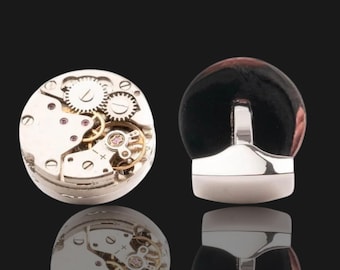 Steampunk Watch Mechanism Cufflinks for Men – Platinum Plated Gear Design Jewelry Gift