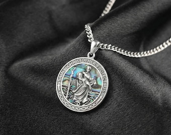 Collar con medallón de San Cristóbal de plata de ley con moneda y abulón, santo patrón, medalla de protección católica religiosa