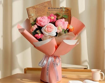 Ramo de rosas de crochet, regalo floral tejido para ella, arreglo floral eterno, decoración para el hogar y la boda, día de la madre, regalos para maestros, regalo para mamá, amor