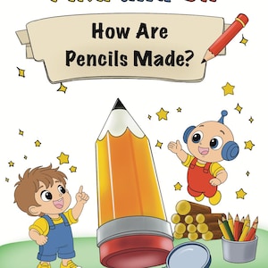 Pode incluir: Capa de livro infantil intitulada "Piku and Oli: How Are Pencils Made?" com ilustrações de desenhos animados. A capa inclui duas personagens de desenhos animados, um lápis grande, estrelas e uma lupa. O nome do autor também é exibido.