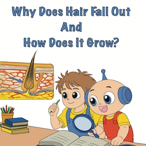 Puede incluir: Portada de libro infantil con el título "Piku ve Oli" y la pregunta "¿Por qué se cae el pelo y cómo crece?" Dos personajes de dibujos animados examinan un libro con lupas. Autor: Didem Yildiz Yalcin.