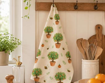 Paño de cocina con diseño de jardín / Naranjo y abeja en acuarela / Decoración botánica para la cocina
