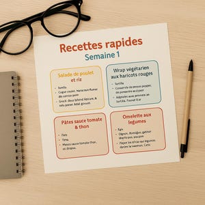 Op de afbeelding: Een bedrukt vel met de titel "Recettes rapides Semaine 1" in rood en groen. Het vel bevat vier recepten: kipsalade met rijst, vegetarische wrap met rode bonen, pasta met tomatensaus & tonijn en omelet met groenten. Een pen en een bril liggen ernaast.
