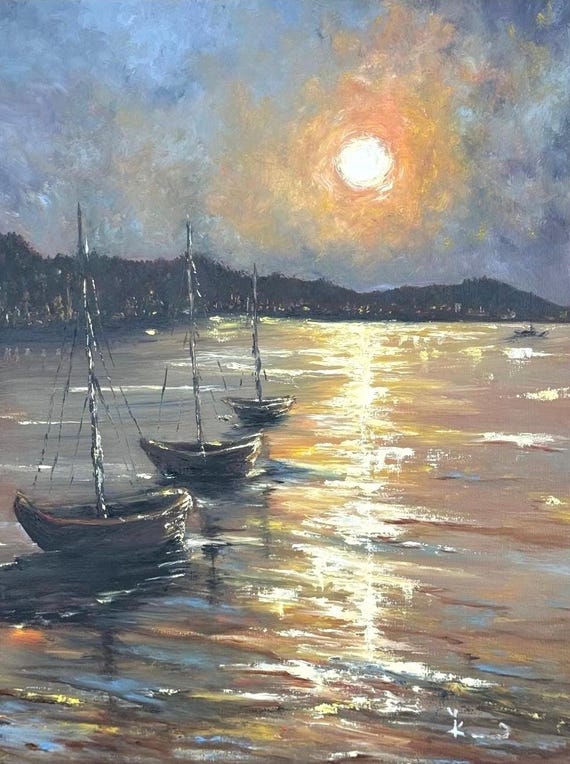 オリジナル油絵：夕日のボートと黄金の湖の海景 18x24インチ ウォール 