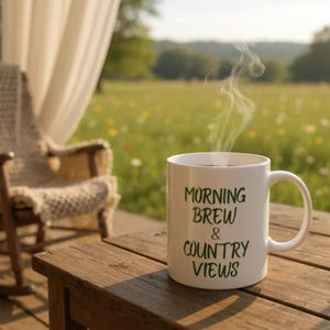 Morning Brews & Country Views Mug - Rustic Farmhouse Coffee Cup