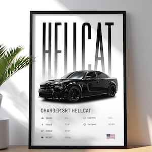 May include: Black framed print featuring a black Dodge Charger SRT Hellcat. The print includes the word "HELLCAT" in large letters, and specifications such as engine size, power, torque, and weight.
