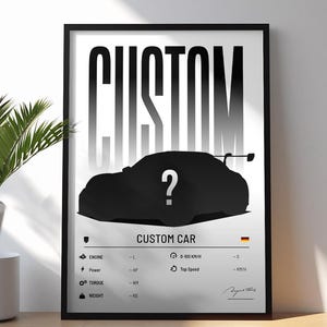 May include: Black framed poster featuring the word "CUSTOM" in large, bold, white letters. A car silhouette with a question mark is centered below the word. The text "CUSTOM CAR" is below the car silhouette. Additional text and icons are at the bottom.