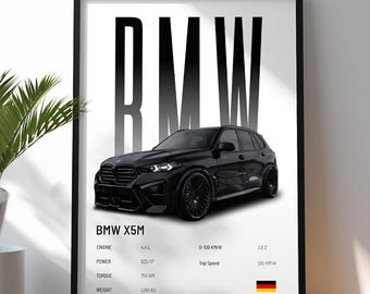 May include: Framed print featuring a black BMW X5M SUV against a white and gray background with the BMW logo. The print includes specifications such as engine size, power, torque, and weight. The German flag is displayed at the bottom right.