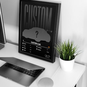 Może przedstawiać: Oprawiony czarno-biały wydruk z napisem "CUSTOM" dużymi literami. Poniżej sylwetka samochodu ze znakiem zapytania, oznaczona jako "CUSTOM CAR". Laptop, mała roślina i inteligentny głośnik znajdują się na białym biurku.