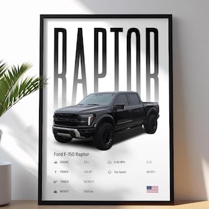 May include: Framed print featuring a black Ford F-150 Raptor truck. The word "RAPTOR" is displayed in large, bold letters above the truck. Below the truck are specifications: 3.5 L engine, 450 HP, 510 lb-ft torque, and 5500 lbs weight.