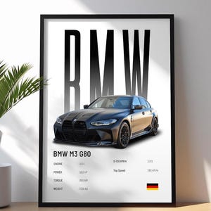 May include: Framed print featuring a black BMW M3 G80 car. The print includes specifications: 3.0L engine, 503 HP, 650 NM torque, and 1725 KG weight. It also shows 0-100 KM/H in 3.8 seconds and a top speed of 280 KM/H. The BMW logo is prominently displayed.