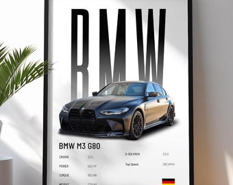 May include: Framed print featuring a black BMW M3 G80 car. The print includes specifications: 3.0L engine, 503 HP, 650 NM torque, and 1725 KG weight. It also shows 0-100 KM/H in 3.8 seconds and a top speed of 280 KM/H. The BMW logo is prominently displayed.