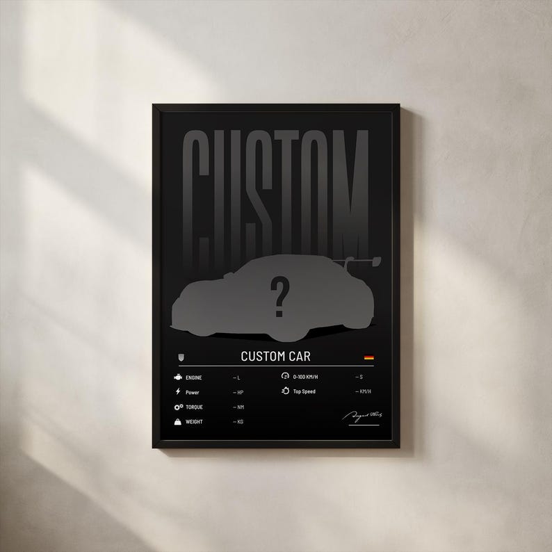 Może przedstawiać: Czarny plakat w ramie z napisem "CUSTOM" dużymi, zacienionymi literami. Poniżej sylwetka samochodu ze znakiem zapytania, oznaczona jako "CUSTOM CAR". Zawiera szczeg&oacute;ły dotyczące silnika, mocy, momentu obrotowego, wagi, 0-100 km/h i prędkości maksymalnej.