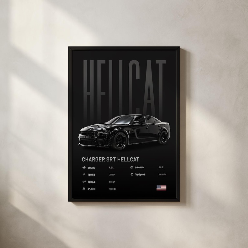 Hellcat Lettering Charger SRT Hellcat Poster | Car Print | Hyper Car Poster | Super Car ...