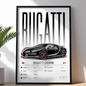 Może przedstawiać: Oprawiony wydruk przedstawiający czarnego Bugatti Chirona. Słowo "BUGATTI" jest wyświetlane dużymi, pogrubionymi literami. Dane techniczne obejmują pojemność silnika, moc, moment obrotowy i wagę. Prędkość maksymalna samochodu to 420 km/h.