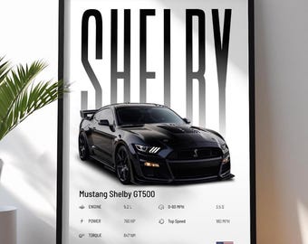 Plakat Ford Mustang Shelby GT500 | Wydruk na samochód | Plakat z muscle carem | Wydruk na samochód sportowy | Wydruk artystyczny | Plakat z samochodem | Dekoracja do domu | Dekoracja ścienna