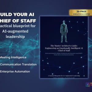 以下が含まれることがあります： 「BUILD YOUR AI CHIEF OF STAFF」と「AI-augmented leadership」というテキストが入った濃い青色のグラフィック。画像には、「The Master Architect's Guide: Engineering an Emotionally Intelligent AI Chief of Staff」というタイトルの本の表紙が含まれています。