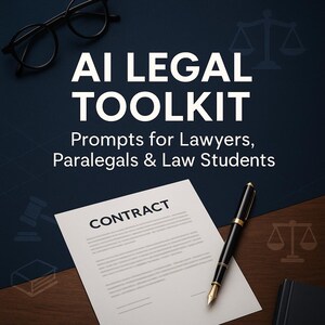 Könnte beinhalten: Dunkelblauer Hintergrund mit dem Text "AI LEGAL TOOLKIT" und "Prompts for Lawyers, Paralegals & Law Students." Ein Vertrag, ein Stift und eine Brille liegen auf einer Holzoberfläche.