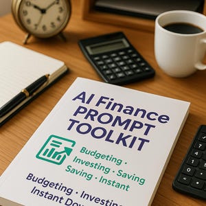 Könnte beinhalten: Ein Buch mit dem Titel "AI Finance Prompt Toolkit" mit Texten zu Budgetierung, Investitionen und Sparen. Ein Taschenrechner, ein Notizblock mit Stift, eine Tasse Kaffee und eine Uhr liegen auf dem Holzschreibtisch.
