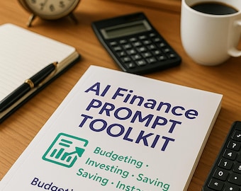 May include: A book titled "AI Finance Prompt Toolkit" with text about budgeting, investing, and saving. A calculator, a notepad with a pen, a cup of coffee, and a clock are on the wooden desk.