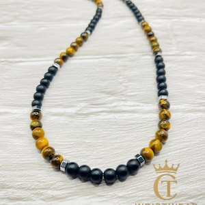 Tiger’s Eye and Onyx Beaded Necklace – 8mm Gemstone Necklace for Men and Women – 24 Inch Grounding and Protective Jewelry