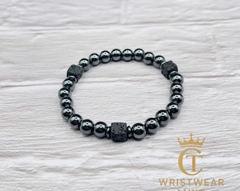 Hematite and Lava Stone Bracelet for Men | 8mm Grounding Energy Beaded Bracelet | Protection and Balance Jewelry