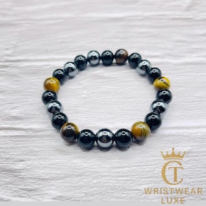 10mm Triple Protection Bracelet – Hematite, Tiger’s Eye and Black Obsidian Beads – Grounding, Balance and Protection Jewelry for Men