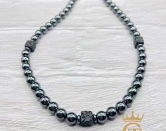 Hematite & Lava Stone Necklace | 8mm Beaded Men’s Necklace | Grounding Energy Protection Jewelry | Essential Oil Diffuser Necklace