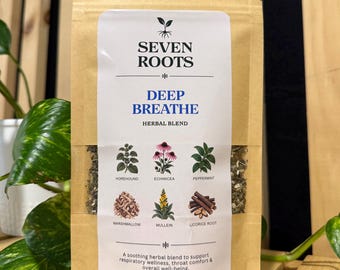 May include: A tan pouch of Seven Roots Deep Breathe herbal blend. The label features illustrations of horehound, echinacea, peppermint, marshmallow, mullein, and licorice root. Text includes the brand name, product title, and 1 oz | 27 g.