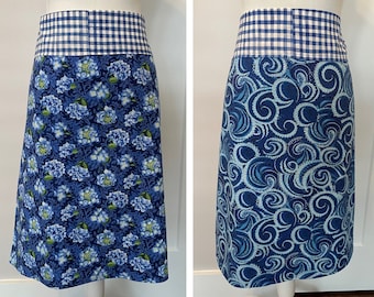 Womens APRON Blue Hydrangea/Swirls/Check Floral REVERSIBLE Size Adult