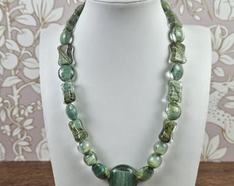 Vintage Green Art Glass Resin Bead Statement Neck 17 Inch Artisan Boho Jewelry