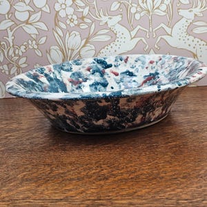 Vintage Shelton's MS 98 Blue Burgundy Splatter Pottery Serving Bowl 11.5"