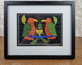 Vintage Kuna Mola Textile Art, Framed Tropical Birds Reverse Appliqué Panama Folk Art
