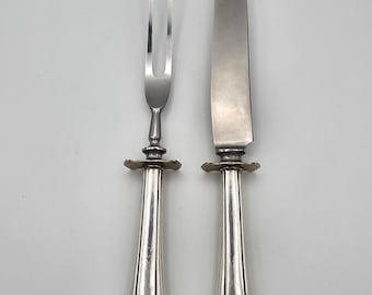 Conjunto de faca e garfo para trinchar vintage em prata esterlina com monograma WHS