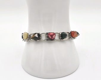 Vintage zilverkleurige edelsteen schakelarmband 6,75" dikke boho-sieraden met meerdere stenen