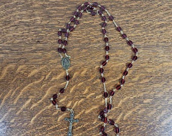 Vintage St. Therese Brass Rosary, Ruby Red Acrylic Beads, Little Flower Crucifix