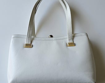 Vintage 1960s Koret White Leather Handbag Structured Top Handle Purse