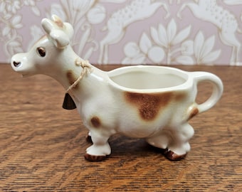 Vintage Germany Cow Creamer with Bell, Ivory Glaze Ceramic Pitcher