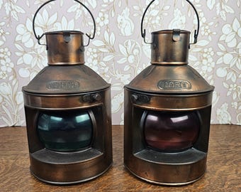Vintage Nautical Port Starboard Oil Lanterns Brass Tone Navigation Lights Red Green Glass