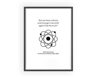 Póster con cita científica sobre el átomo y marco de madera / Impresión tipográfica de Fiódor Dostoievski