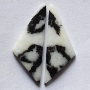 May include: Two white and black gemstone pieces. Each piece is a trapezoid shape with rounded corners. The white stone has black, organic-shaped patterns. The pieces are side by side, with a white background.